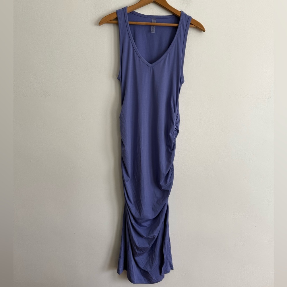 Beyond Yoga Spacedye Gathered Midi Stretch Bodycon Dress Twilight Blue Size M